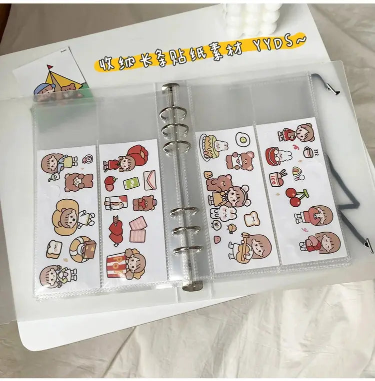 Yoofun A5 binder with six-ring, clear plastic sleeves containing cartoon character photo cards