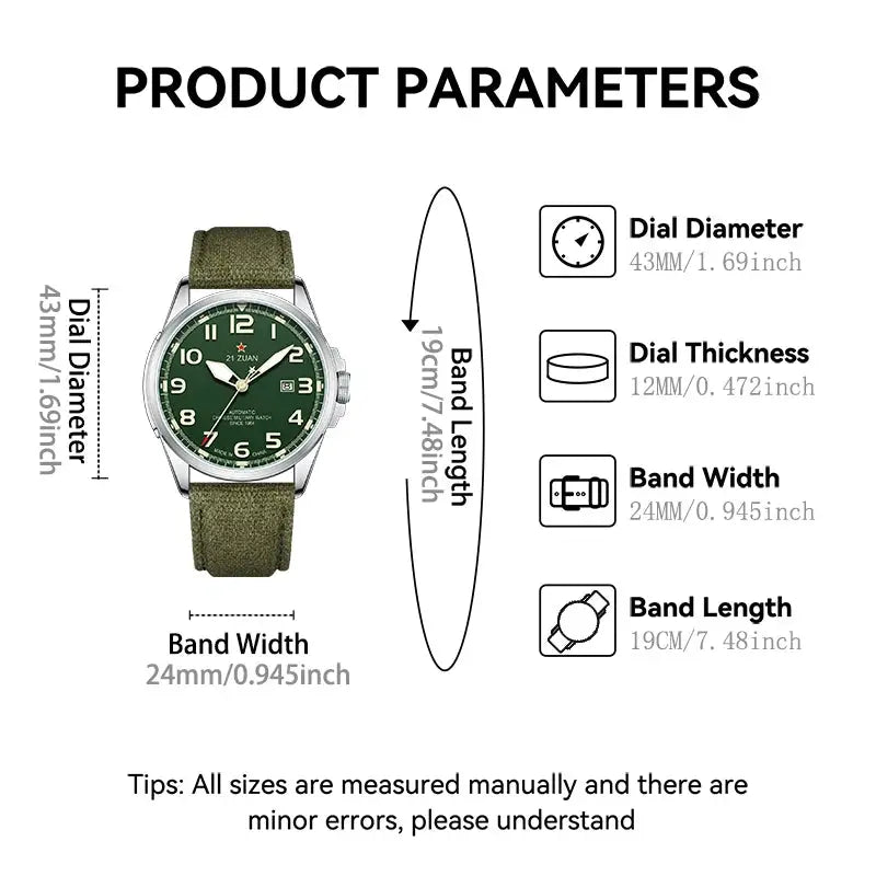 Seagull men's luxury military watch with green dial and green fabric strap