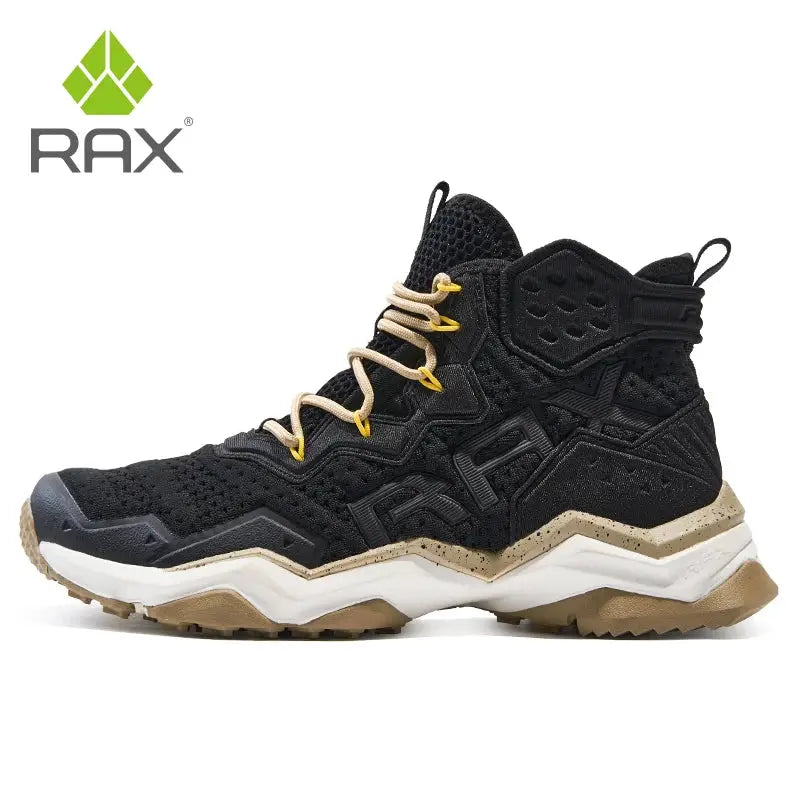 RAX men's black hiking boot with beige laces and tan speckled sole