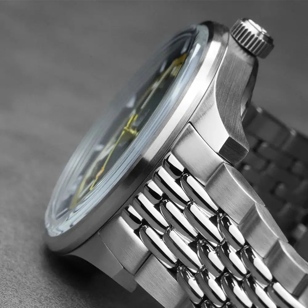 CADISEN automatic mechanical men's watch with silver stainless steel bracelet and domed glass