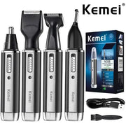 Kemei 4-in-1 nose/ear and beard hair trimmer set with four heads; rechargeable, silver–black.