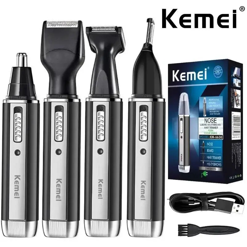 Kemei 4-in-1 nose/ear and beard hair trimmer set with four heads; rechargeable, silver–black.
