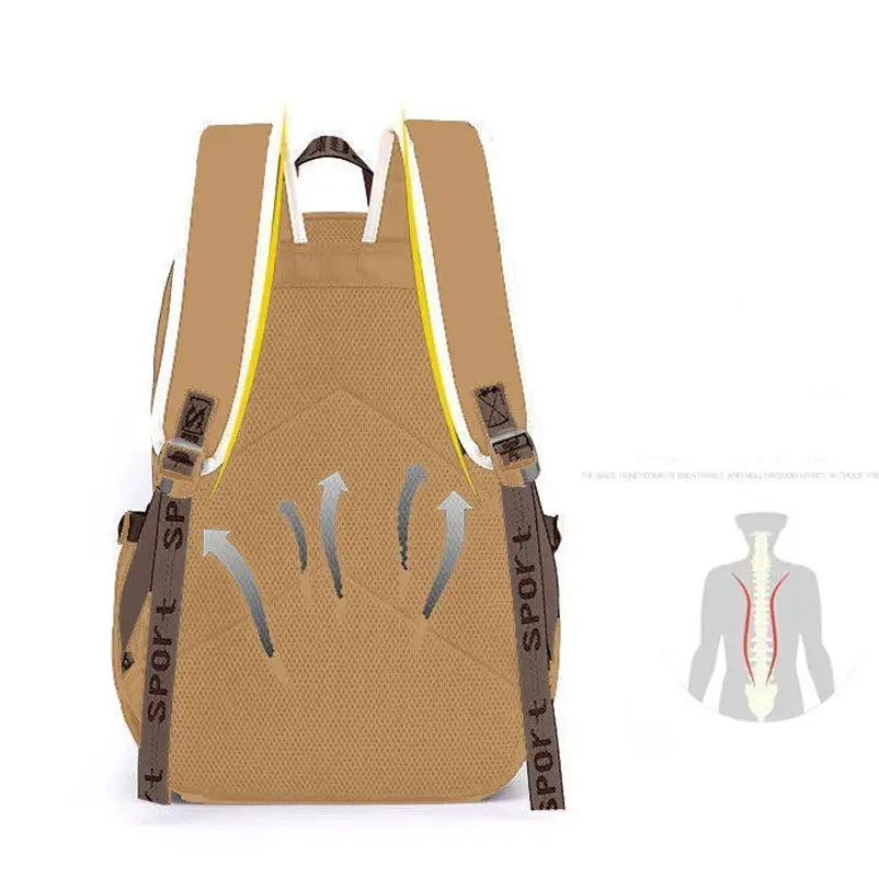 Kawaii Capybara Khaki Kids Backpack by Simples Market, breathable mesh back and sport straps