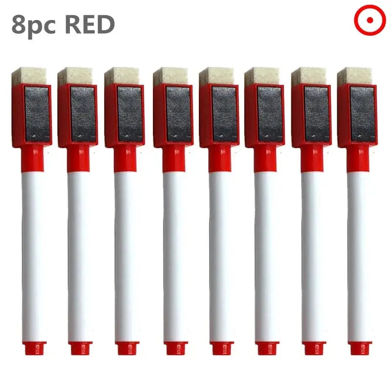 8pc whiteboard markers with red caps and built-in erasers