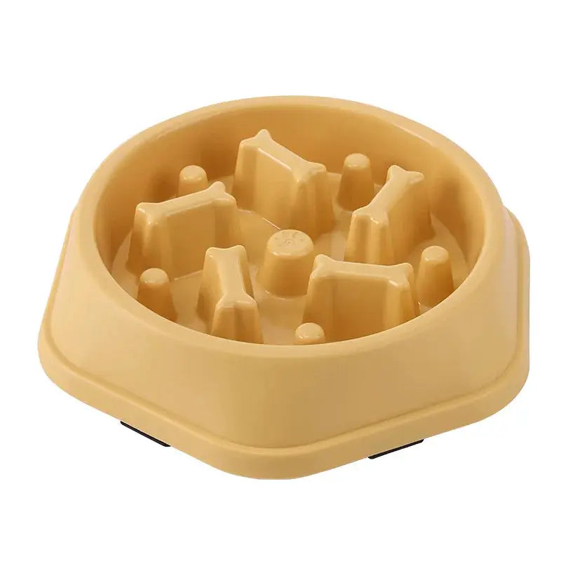 Pet slow-feeder bowl for cats and dogs, yellow plastic with raised center nubs for anti-choking
