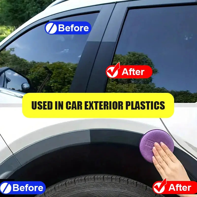 Car plastic restorer for exterior trim; black gloss finish, long-lasting coating.