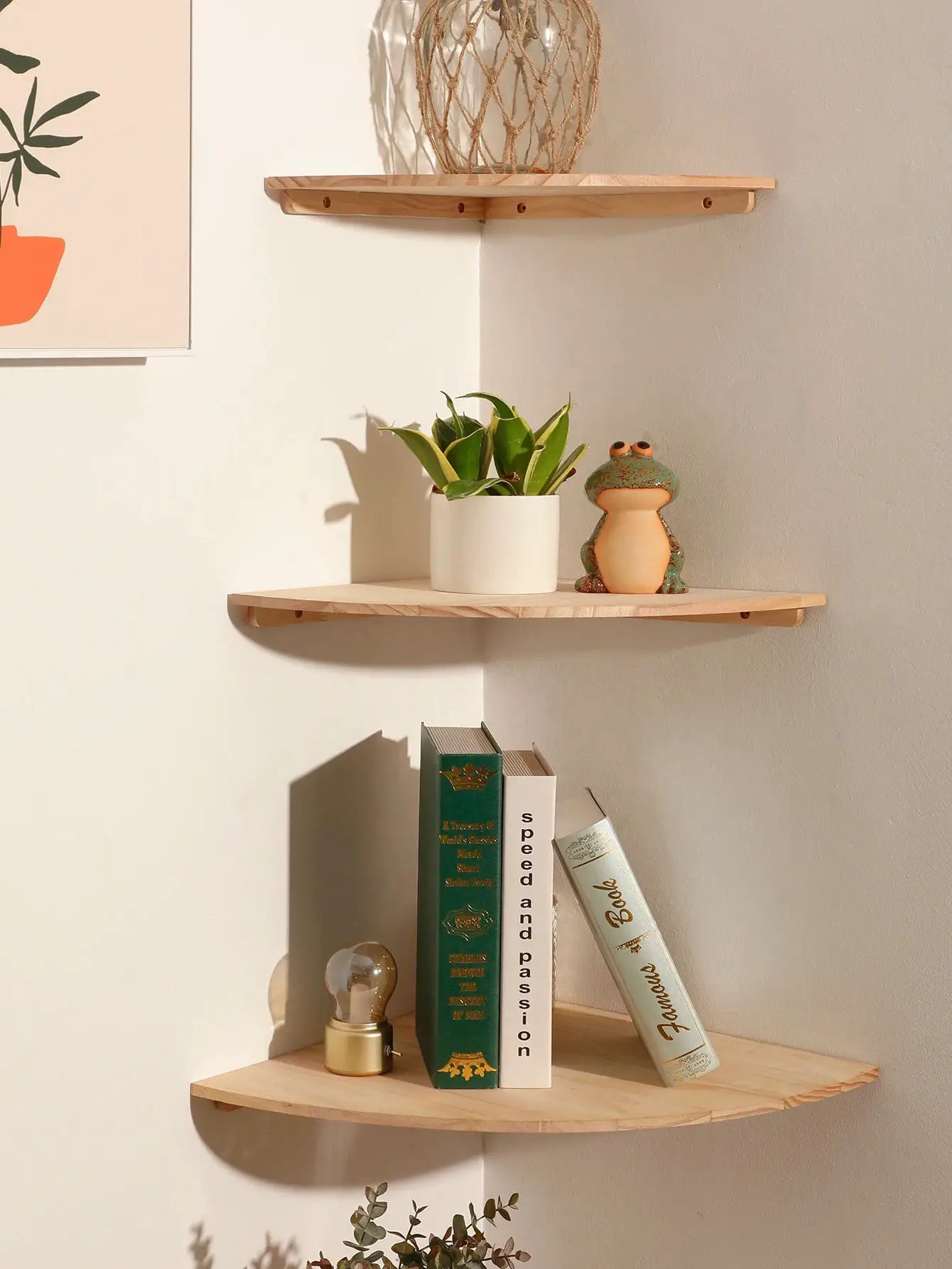 Pair of wall corner wood floating shelves with natural finish and rounded ends, wall-mounted
