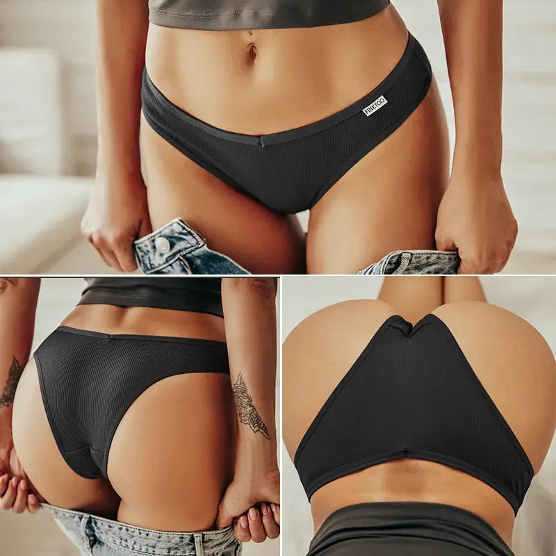FINETOO 3-piece black cotton panties set for women; low-rise thong/bikini briefs with visible label