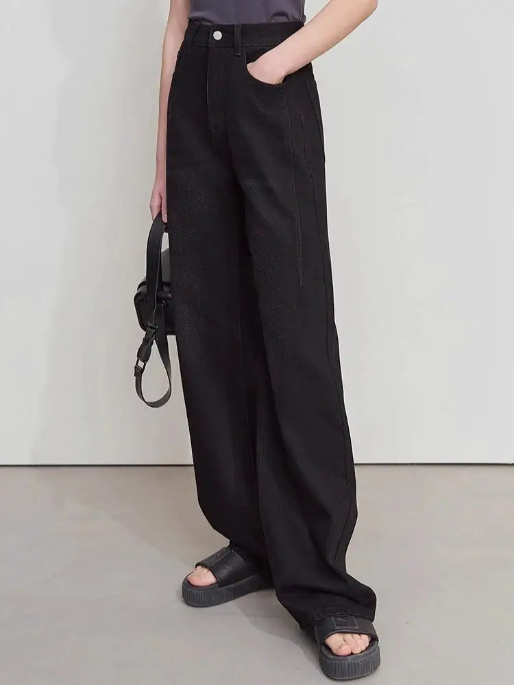 Amii Minimalism Vintage Denim Jeans Women Loose Wide Leg Autumn Pants