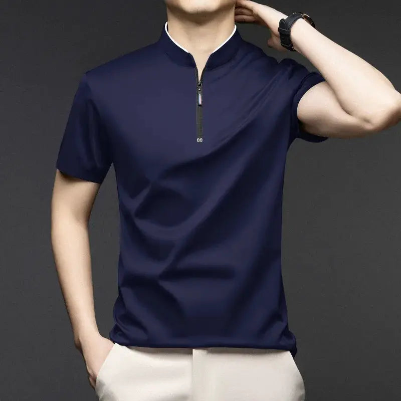 Men's navy blue short-sleeve polo with stand-up collar and zip placket