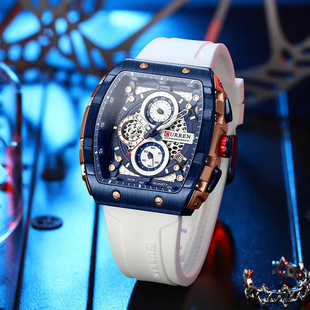 Curren Luxury Square Quartz Wristwatch For Men Water Resistant Luminous Chronograph With Date Alloy Case Silicone Strap