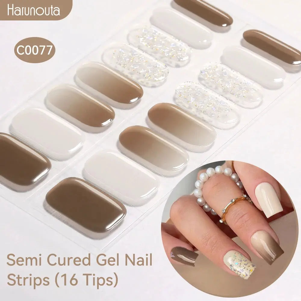 Harunouta gradient auroras semi-cured gel nail strips, 16 tips in brown, nude and glitter designs