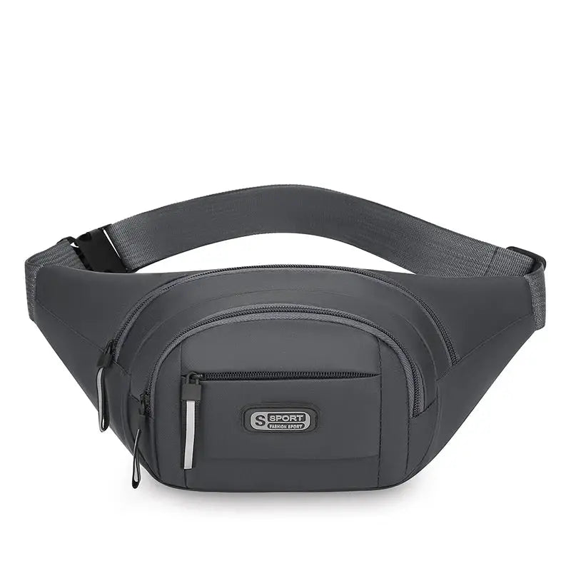 Men's grey waist bag with front zip pocket, adjustable strap, and S SPORT logo.