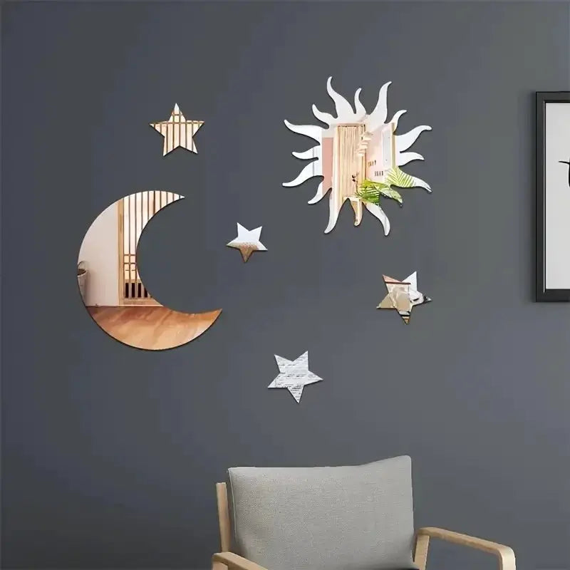 Simples Market 6pc star and moon mirror wall stickers for bedroom or living room, includes sunburst mirror.