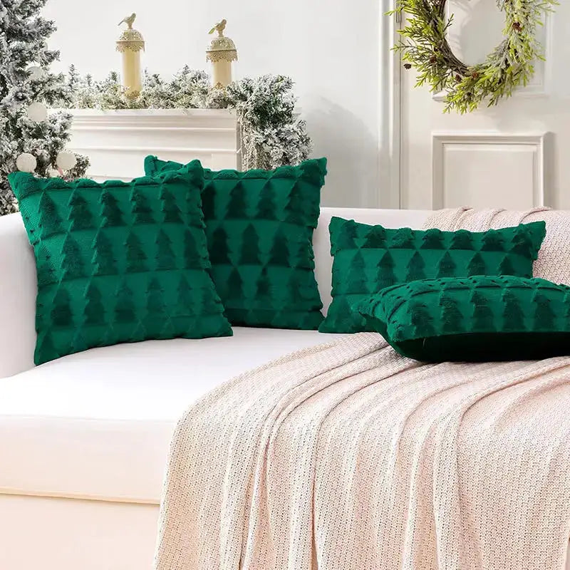 Green velvet Christmas pillow covers with tree-pattern texture for couch, set of four