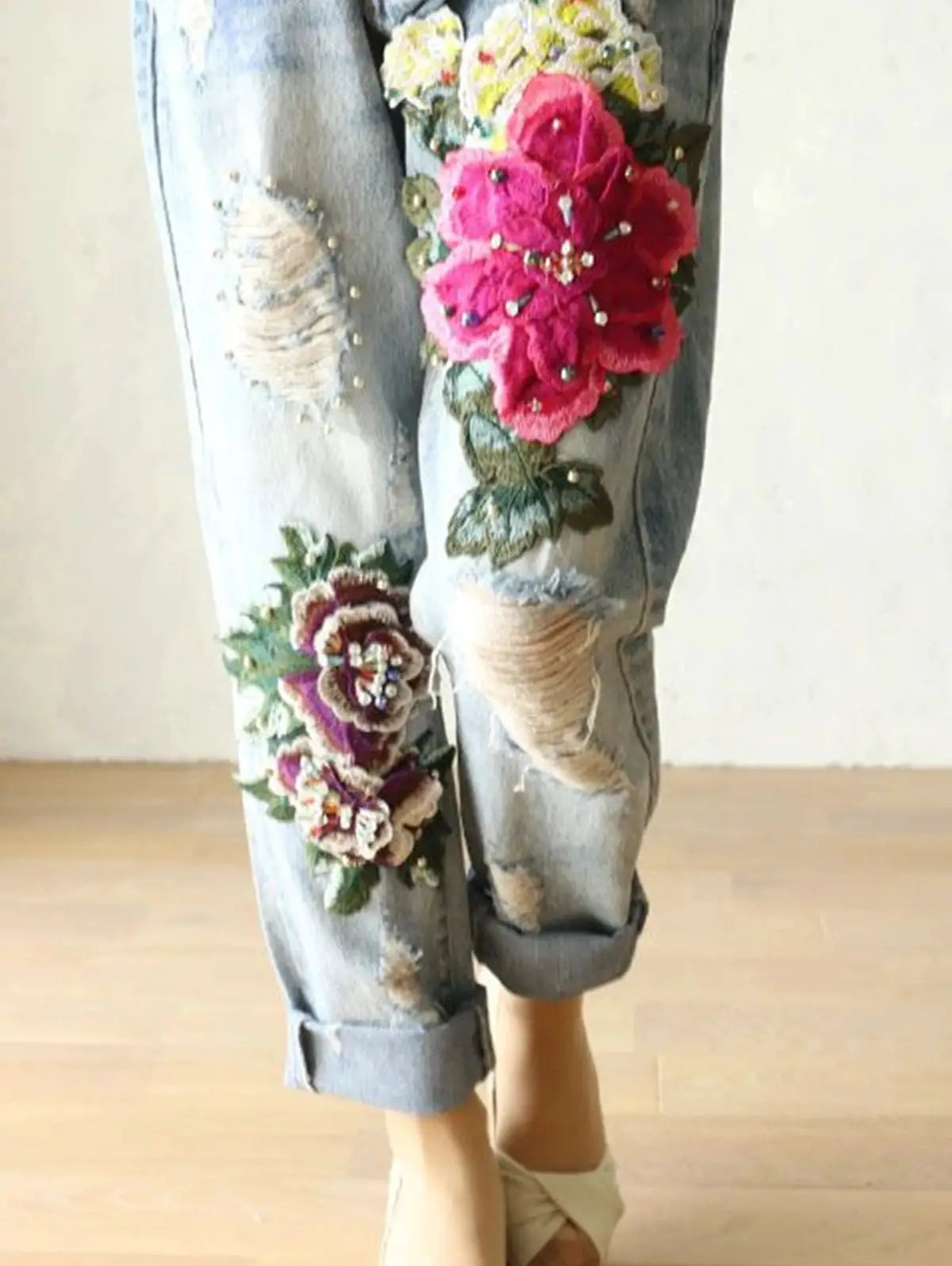 2026 Fashion Jeans for Women Floral Embroidered Denim Trousers Loose