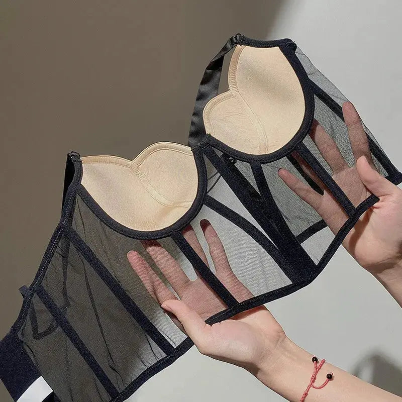 Meet'r women's sheer black mesh longline bra with beige cups and fishbone corset detailing