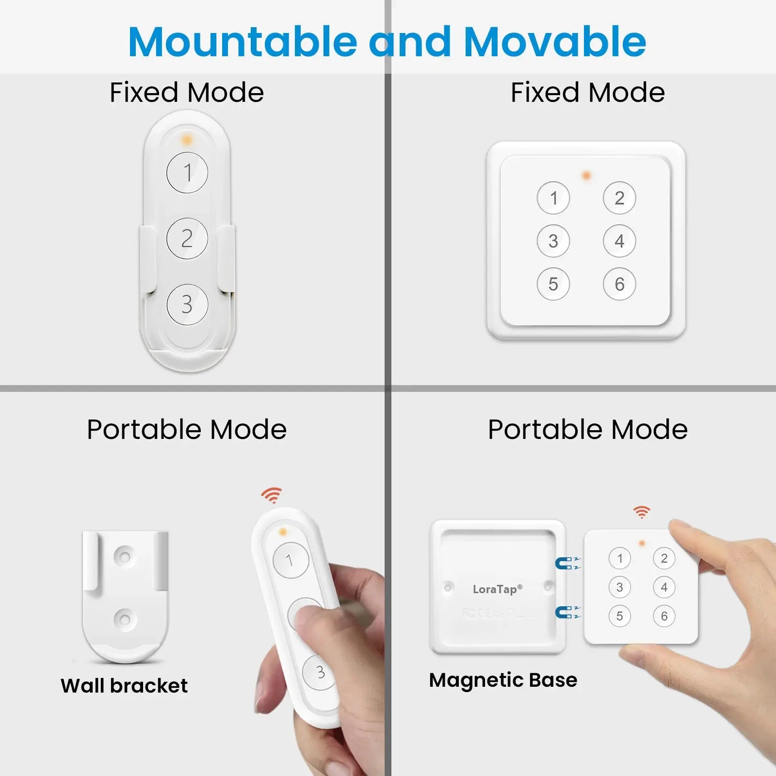 LoraTap ZigBee 3.0 6-button wireless remote by Simples Market; white controller with wall bracket and magnetic base.