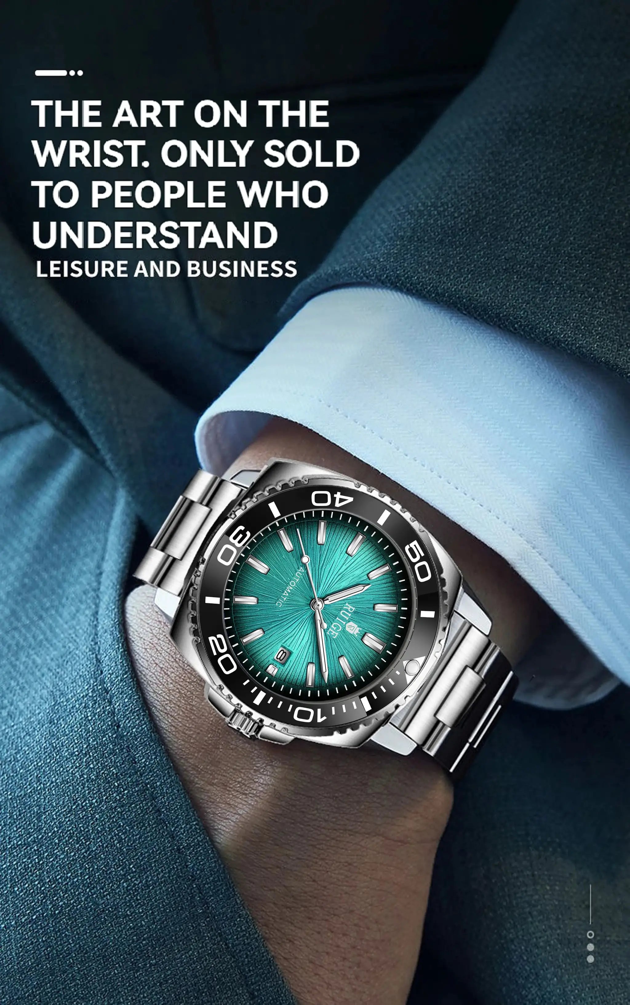 RUIGE men's stainless steel automatic watch with teal dial and calendar, water resistant