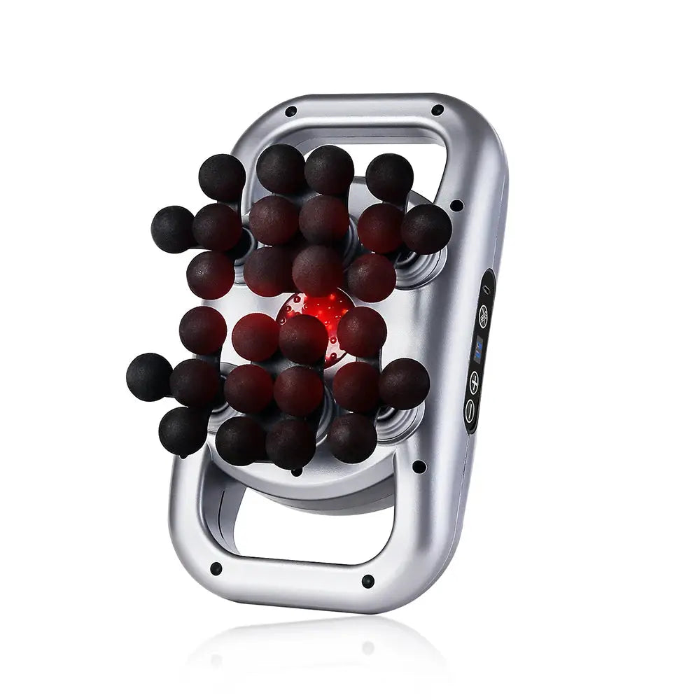 Simples Market 30-heads body massage gun, silver handheld device with black massage heads and red LED light