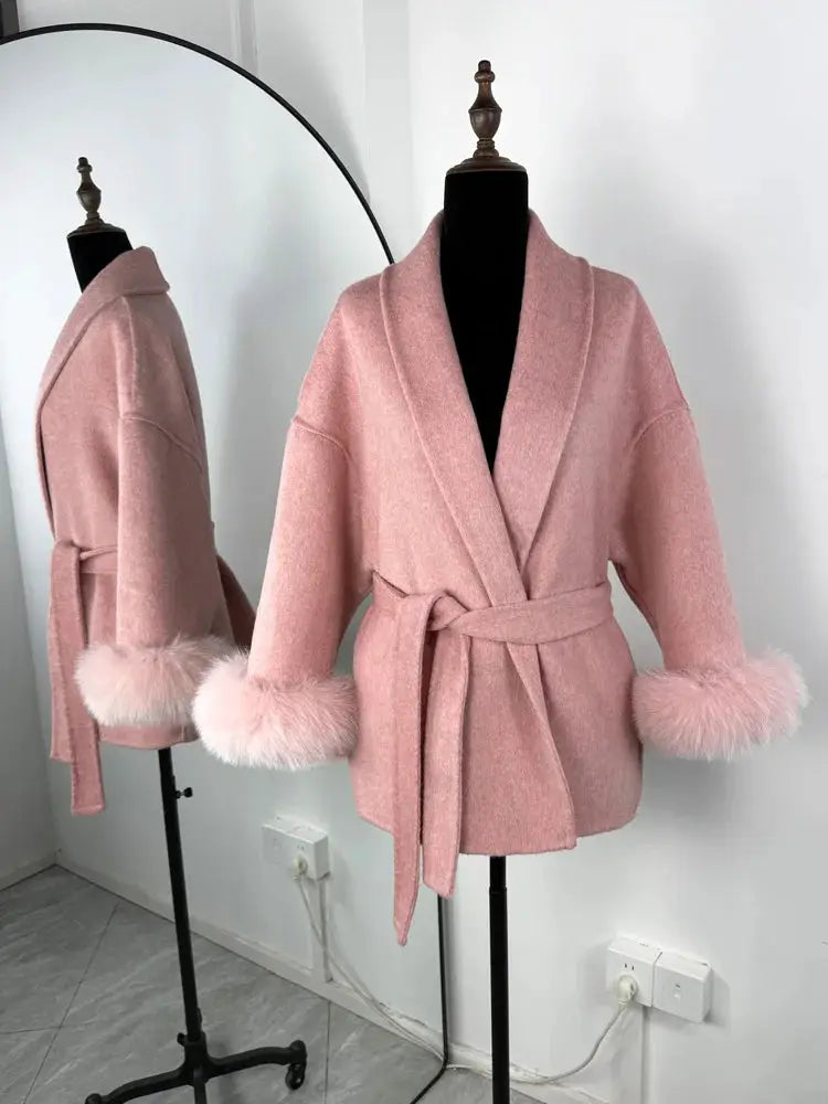 Tossy Fox Fur Wool Overcoat With Fox Fur Cuffs Elegant Loose A Line Short Coat For Autumn And Winter Office Wear