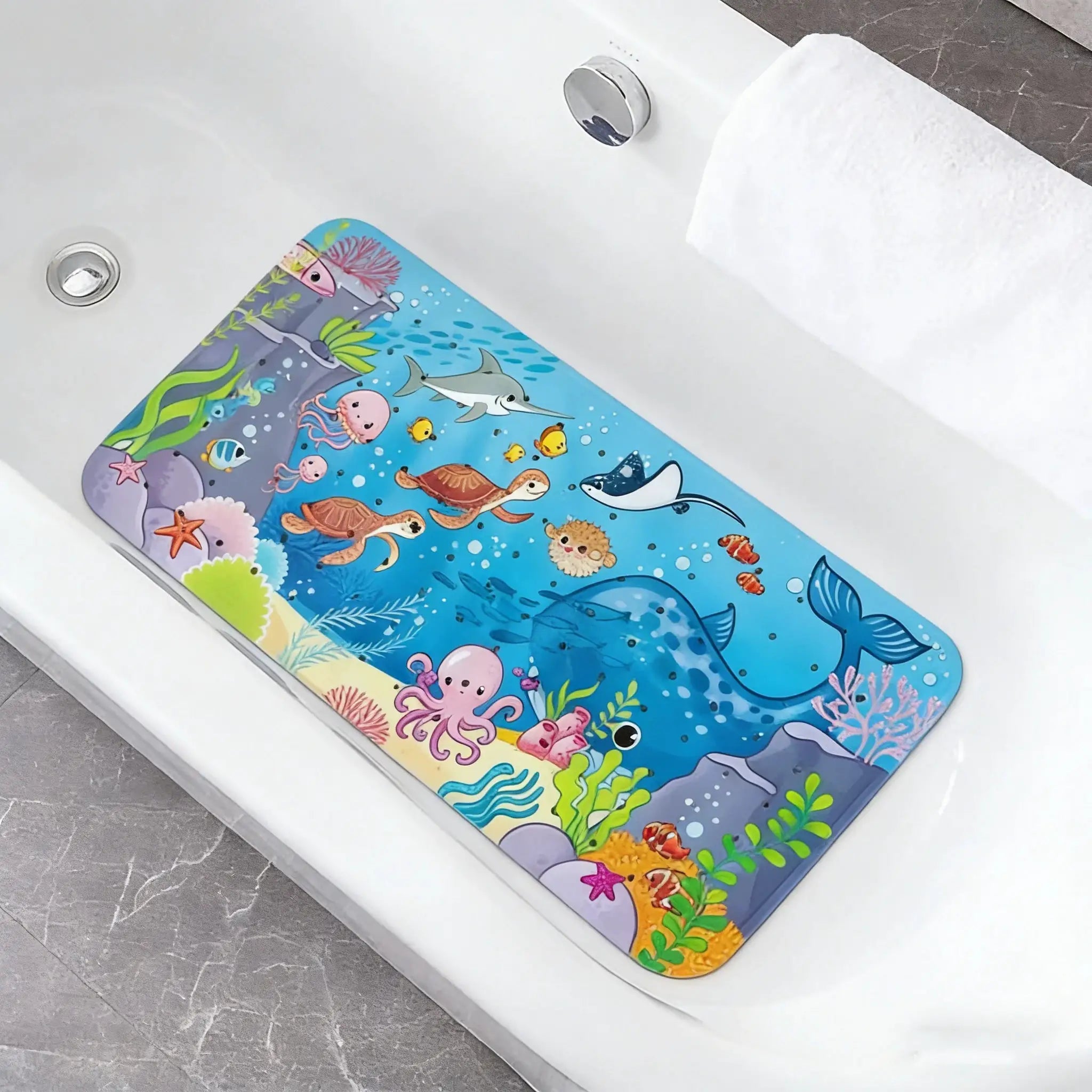 Bath mat by Simples Market; PVC non-slip with suction cups and drain holes, blue ocean design, 38×70 cm