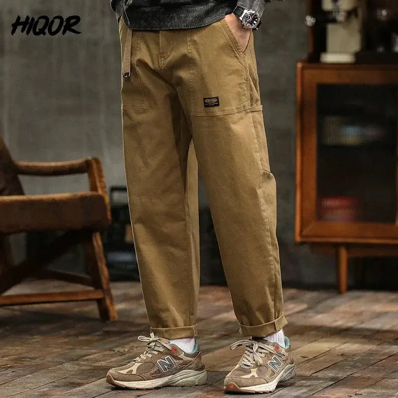 HIQOR men's loose-fit cargo pants in army green, high-waist with patch pocket and rolled cuffs