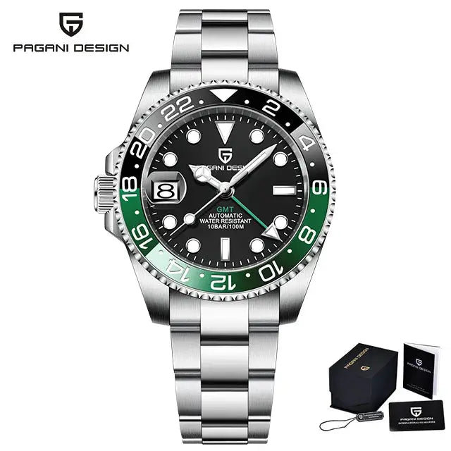 Pagani Design V3 GMT watch, stainless steel bracelet, black dial, green bezel, date window, 40mm, 100m water resistant