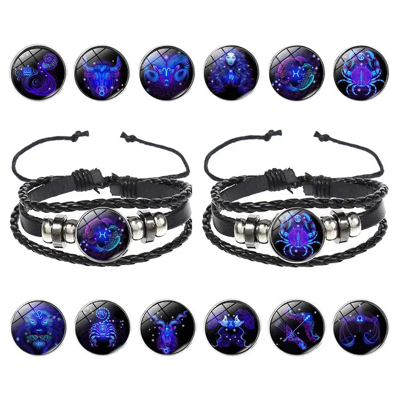 12 Constellation Zodiac Sign Luminous Charm Leather Wrap Bracelet Multilayer Vintage Unisex Bangle