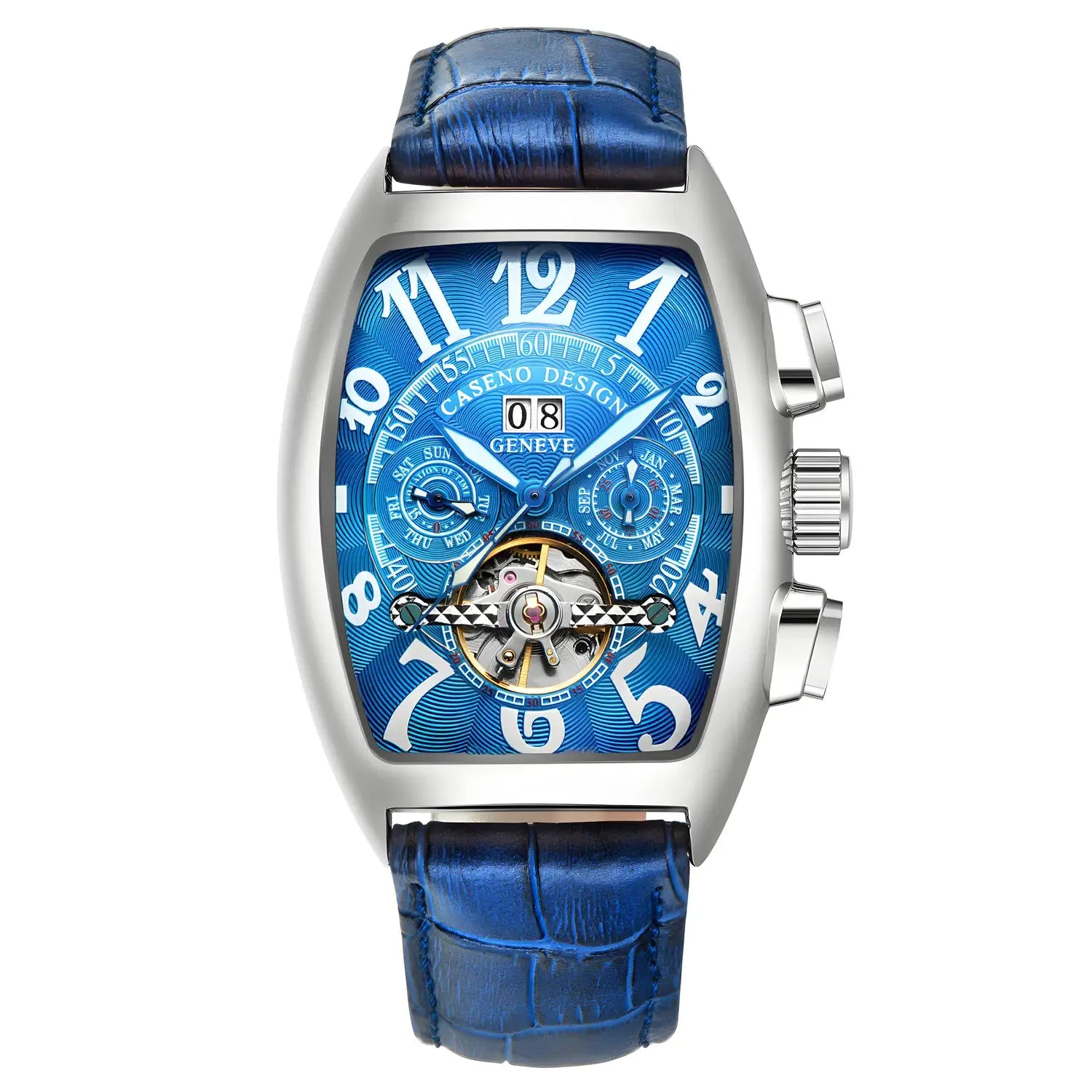 Caseno luxury men's automatic skeleton tourbillon watch with blue dial, calendar, and blue leather strap