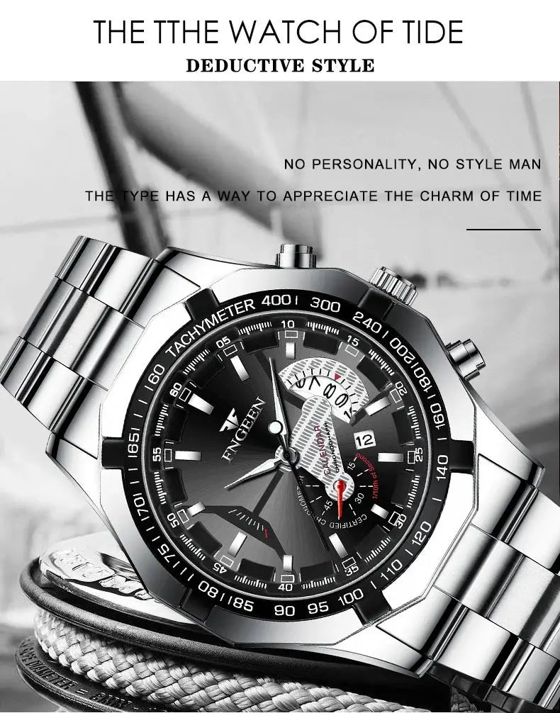 BINBOND men's stainless steel quartz wristwatch with black dial and tachymeter bezel