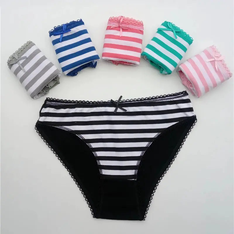 Women's striped panties set, 6 pieces with lace trim in assorted colors