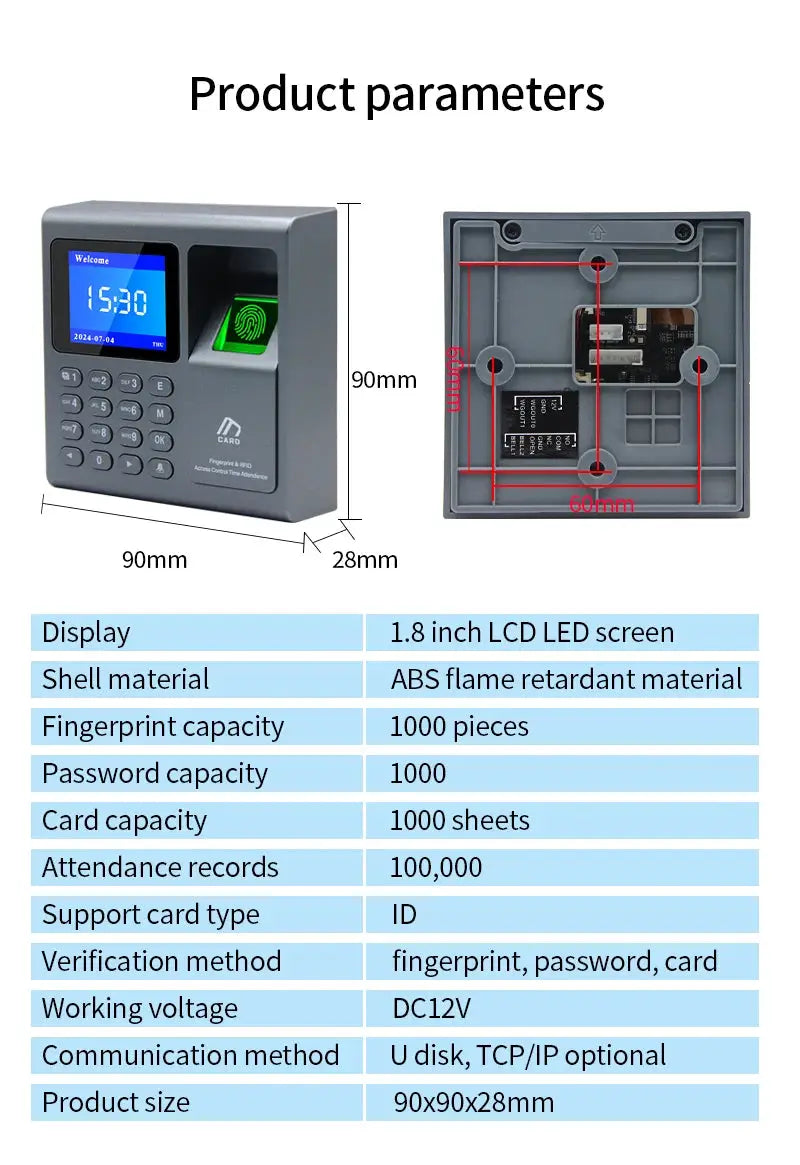 Simples Market biometric fingerprint scanner with RFID access control, 1000-user capacity, gray ABS body, 1.8-inch LCD display