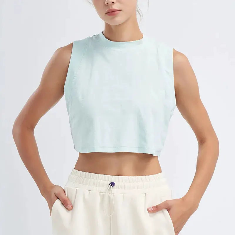 Women's cropped sports shirt vest, light blue, breathable quick-dry fabric, Simples Market
