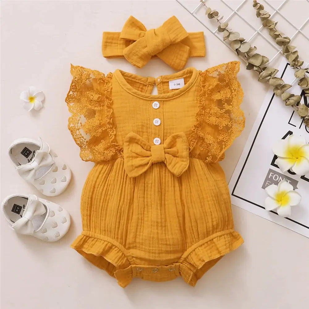 Baby Girl Sleeveless Lace Edge Romper And Headband Set For Newborn To 18 Months Summer Casual Jumpsuit
