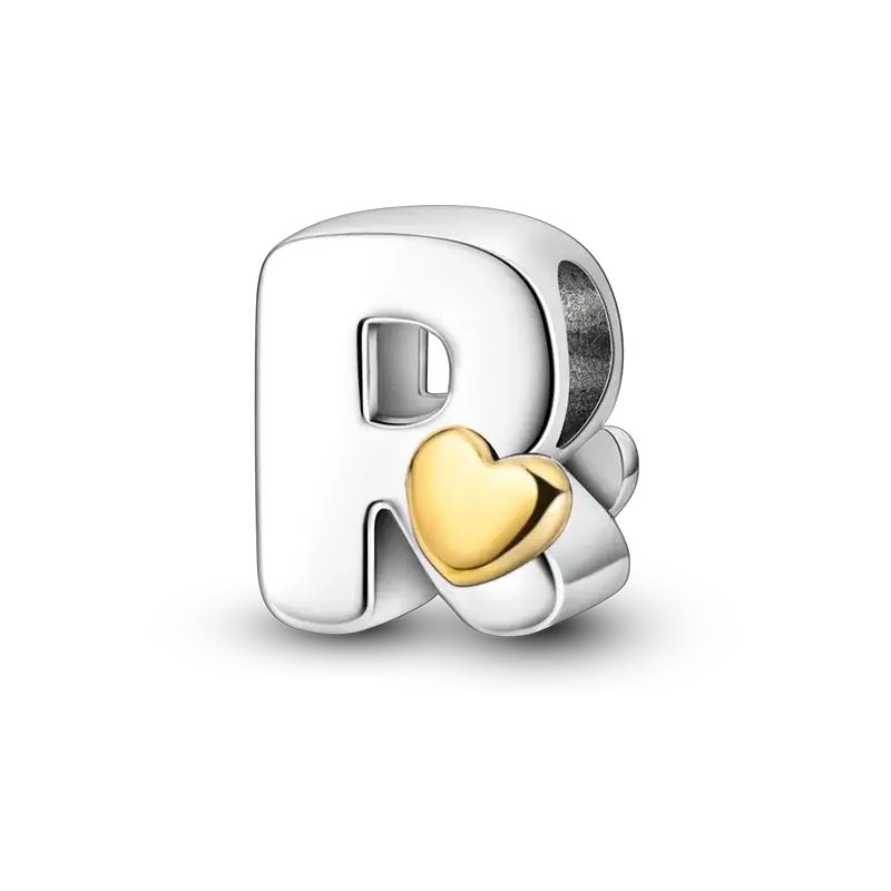 Letter R charm in sterling silver with a gold heart accent