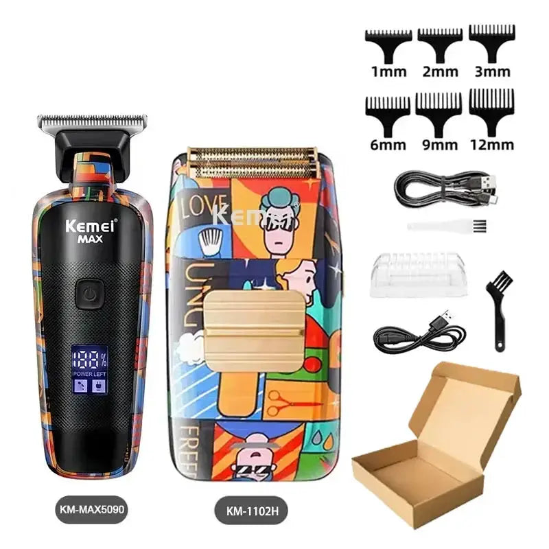Kemei professional electric clippers set (2 units) with graffiti pattern KM-MAX5090 and KM-1102H, USB cable and comb attachments