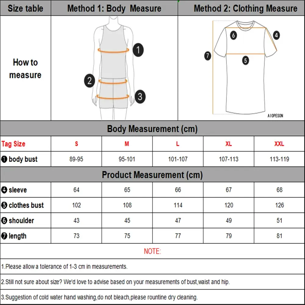 AIOPESON men's elastic cotton denim shirt with long sleeves; size chart and measurement table shown