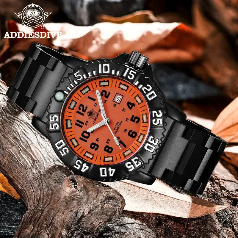 AddiesDIVE men's military sport watch with orange dial, black steel bracelet, date window, luminous hands