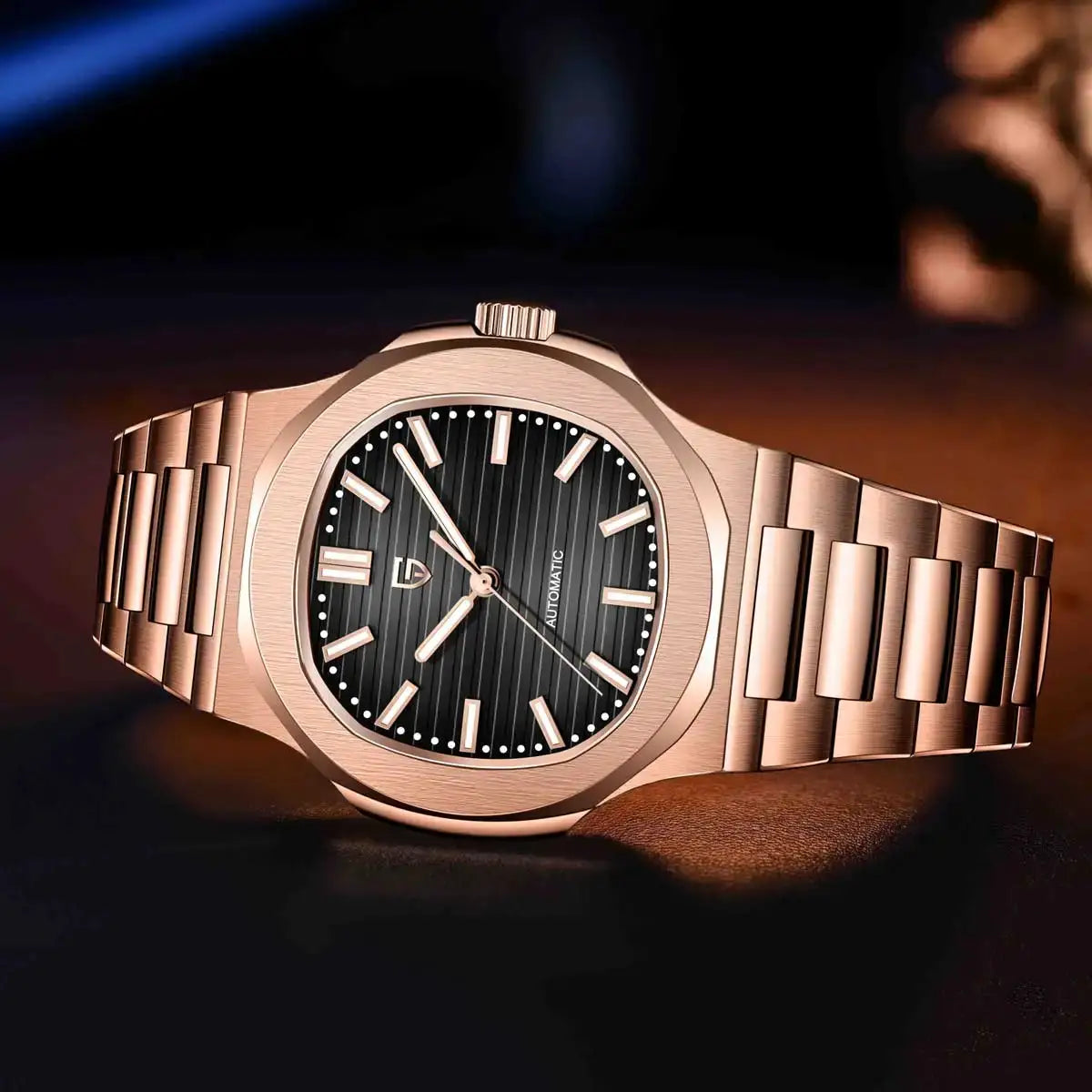 Men's rose-gold Pagani Design automatic wristwatch with black dial and stainless steel bracelet