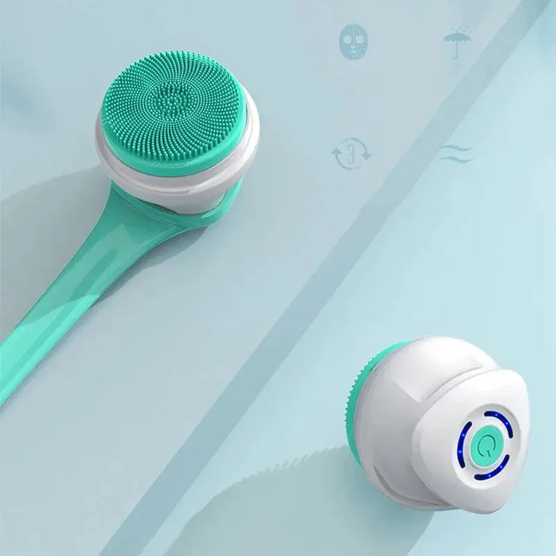 5-in-1 electric shower brush set with teal silicone-bristle long-handle brush and white motorized massage head