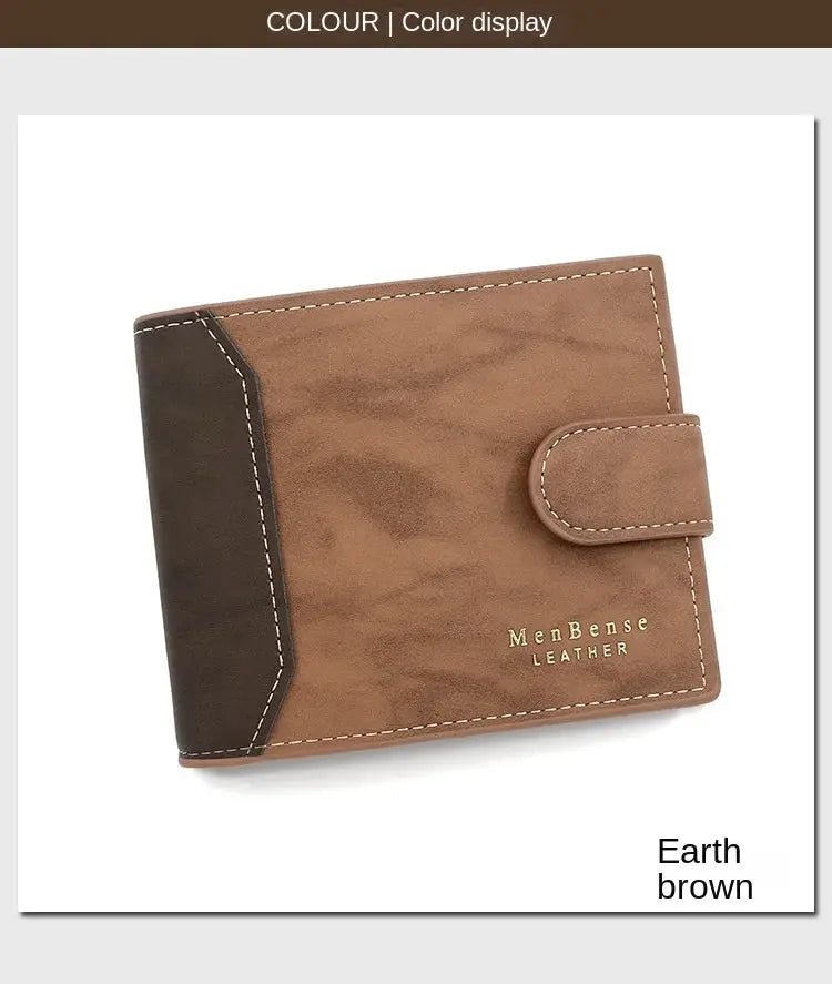 Men's wallet with hasp closure in earth brown PU leather; two-tone brown with MenBense Leather logo