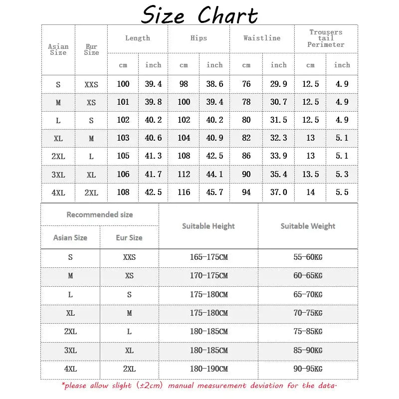 CAAYU joggers cargo pants size chart showing Asian and EU sizes, body measurements, and fit recommendations