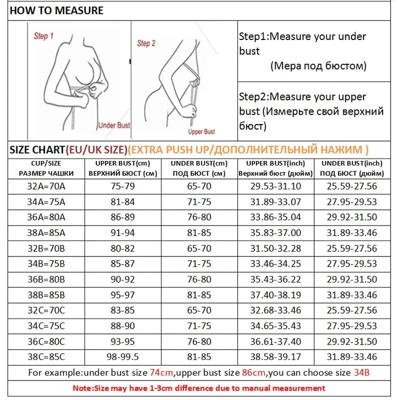 Simples Market wire-free bralette size chart with under bust and upper bust measurement steps