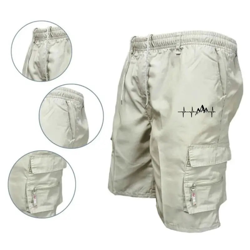 Men's khaki cargo shorts with multiple pockets, drawstring waist, and zippered side pockets for outdoor wear