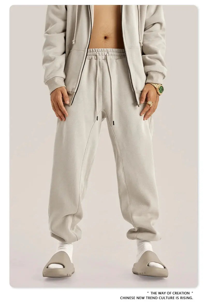 ZODF fleece sweatpants, unisex solid light beige, 345gsm, loose retro hip-hop joggers