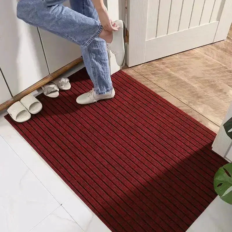 Door mat burgundy striped anti-slip entrance mat for indoor/outdoor use; water and oil absorbent.