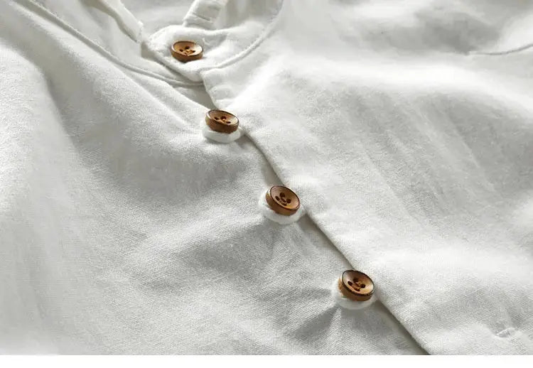 Japan Style men's linen-cotton shirt with stand collar, white solid color, wooden buttons, Simples Market