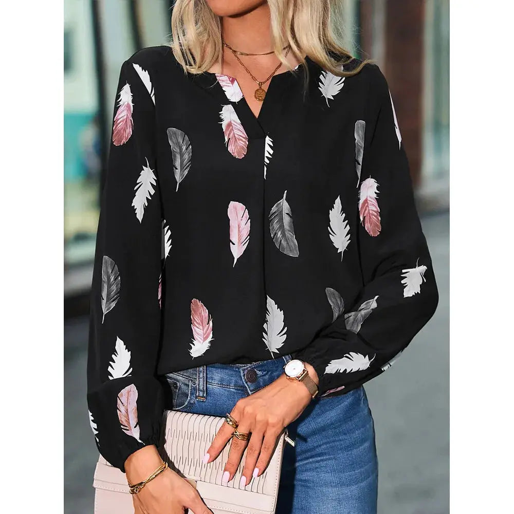 Simples Market black feather-print chiffon blouse for women, long-sleeve top with pink/gray feathers