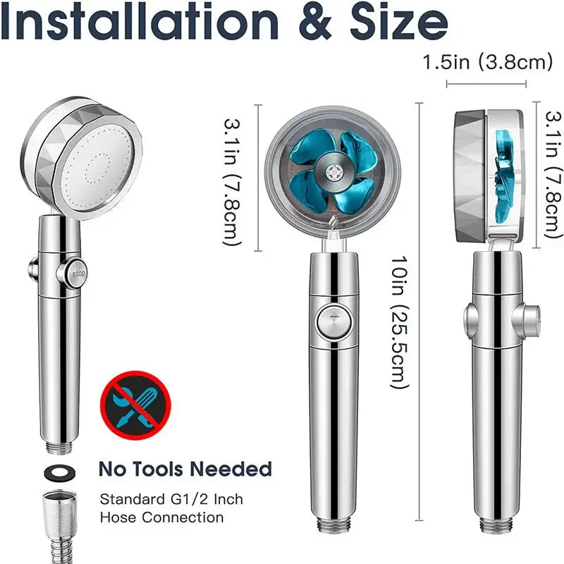 Simples Market 360° rotation turbo shower head, chrome finish, high-pressure water-saving spray